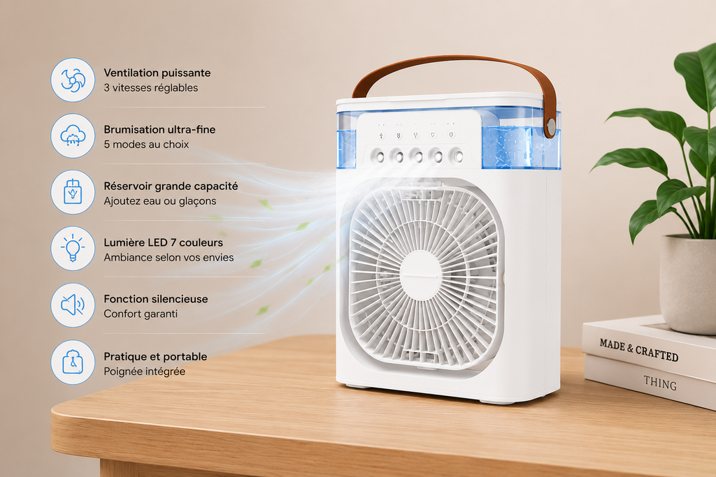 Mini Climatiseur Portable 3-en-1 – Ventilateur, Brumisateur & Veilleuse LED