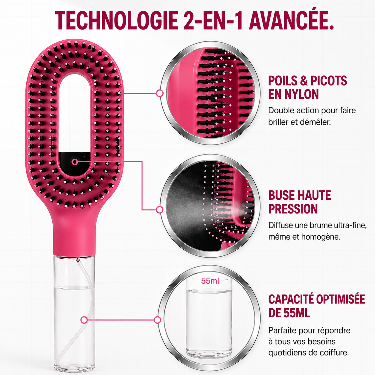Brosse Démêlante Spray 2-en-1 – Hydratation & Massage du Cuir Chevelu